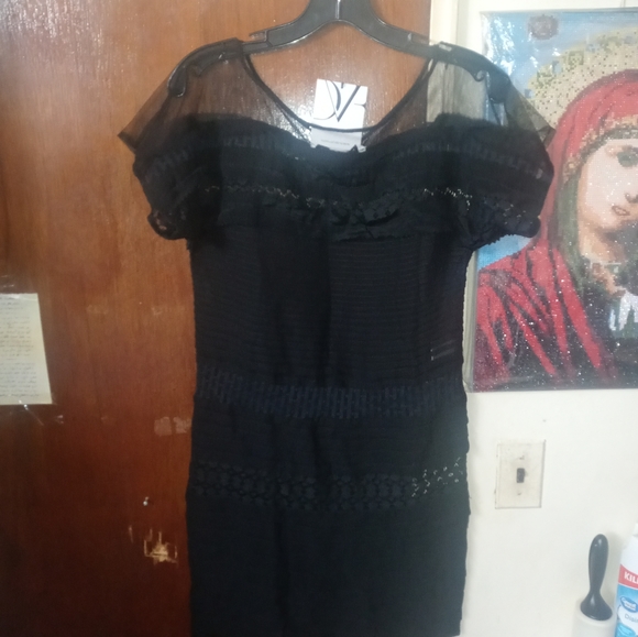 Diane Von Furstenberg Mabel Black Silk Dress Size 0 Lace Crochet Trim Shift - Picture 5 of 16